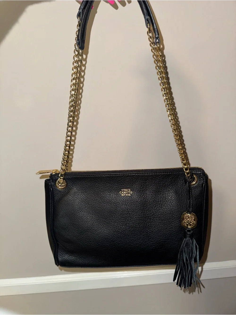 Vince Camuto Black Pebbled Leather Shoulder Bag with Gold Chain